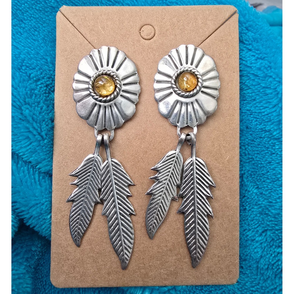 VTG Taxco Mexico TR-57 Sterling Silver 925 Southwestern Feather Dangle Earrings